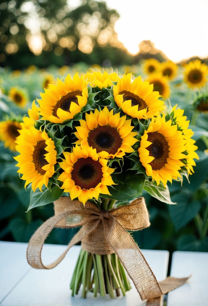 A vibrant bouquet of sunflowers tied with rustic burlap ribbon