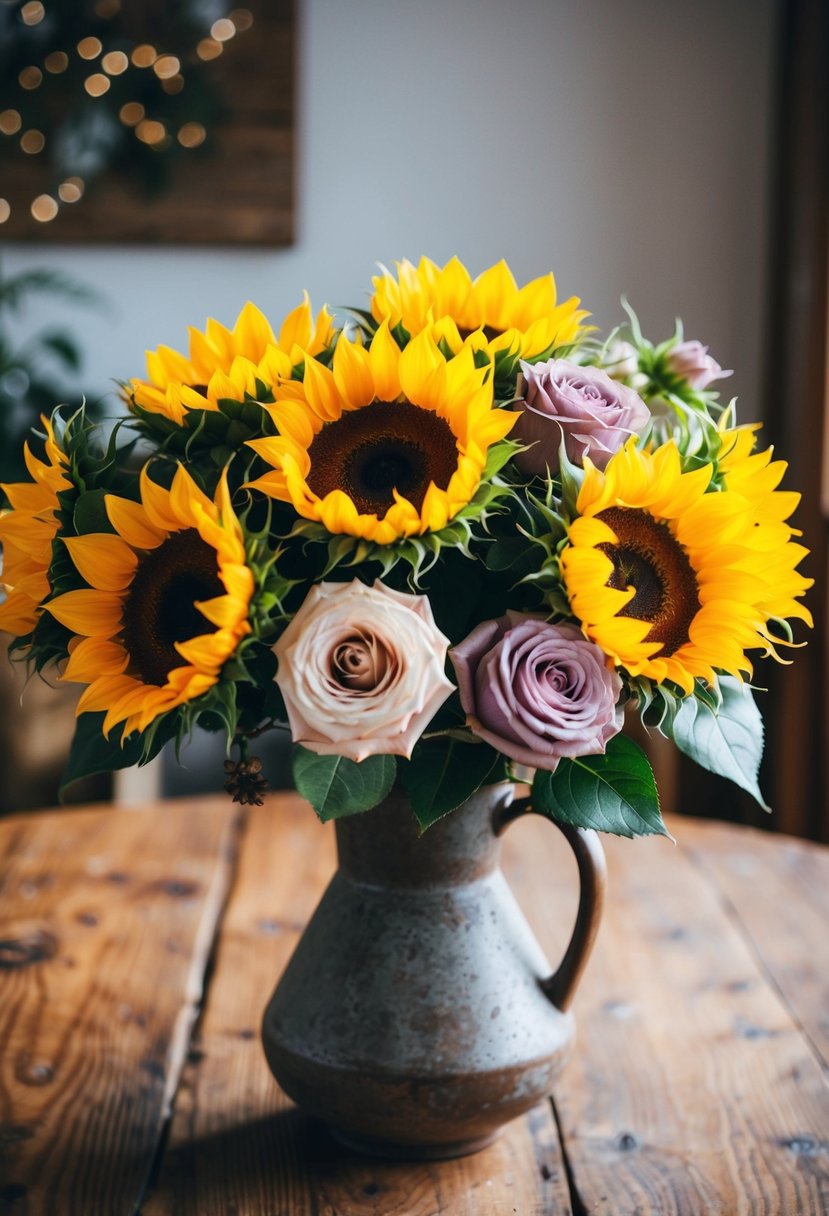 A vibrant bouquet of sunflowers and muted roses arranged in a rustic vase on a wooden table