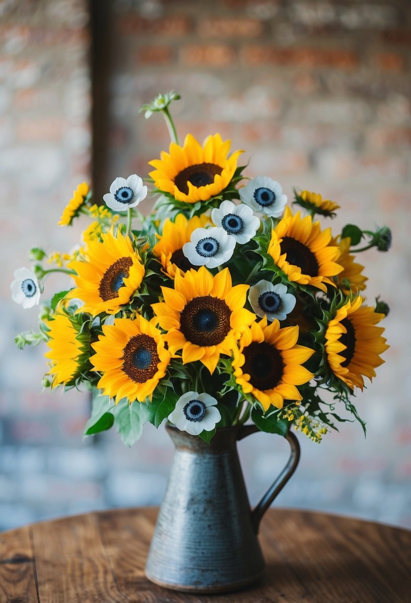 A vibrant bouquet of sunflowers and anemones arranged in a rustic vase on a wooden table