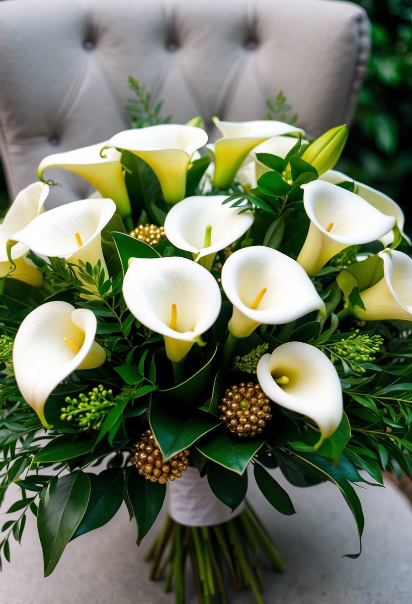 A lush bouquet of white calla lilies and gold berries, accented with green foliage, creates an elegant and sophisticated wedding bouquet