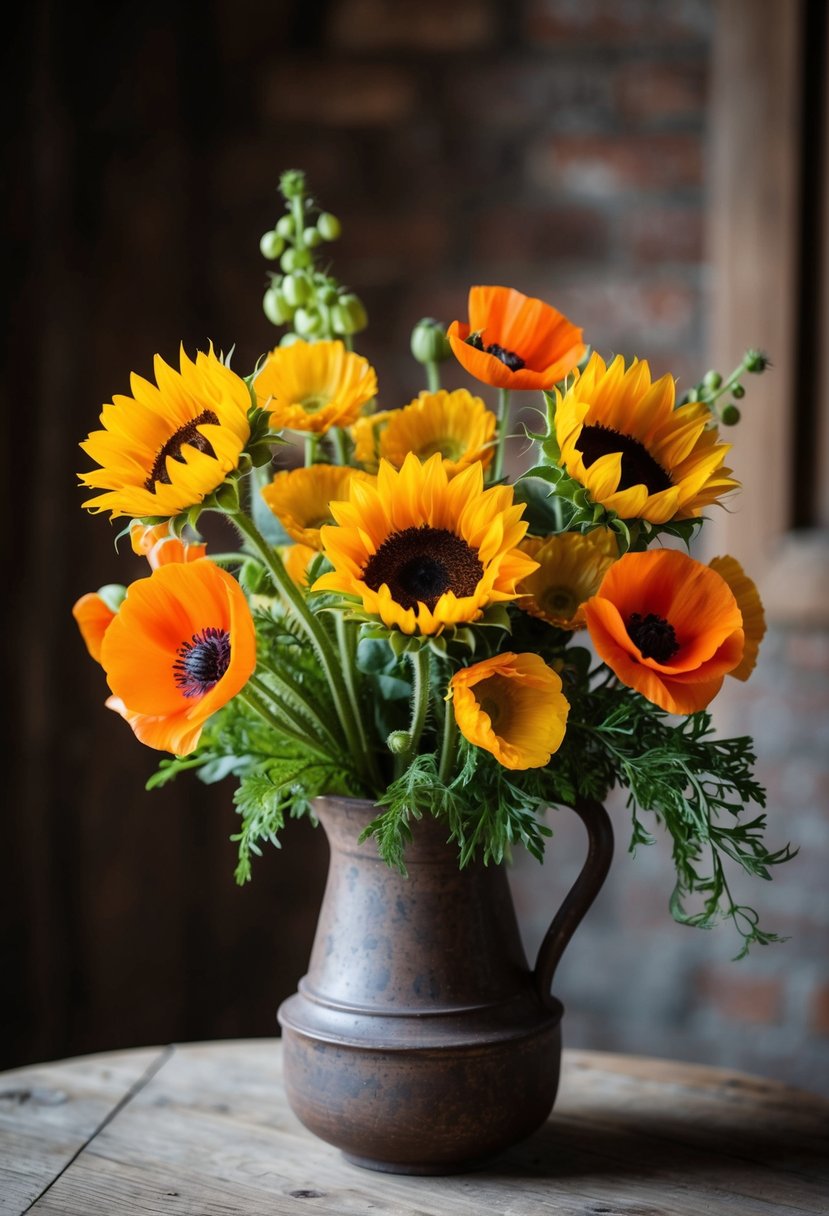 A vibrant bouquet of sunflowers and oriental poppies in a rustic vase