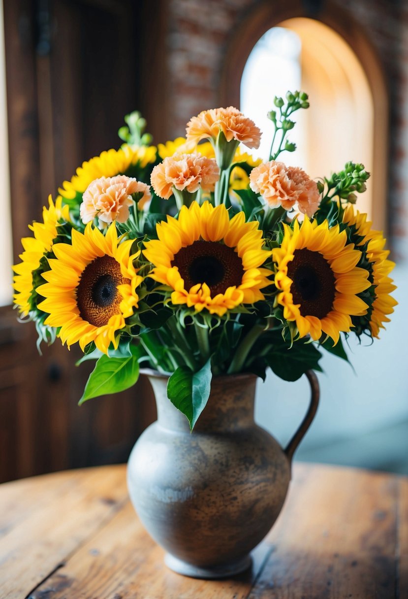 A vibrant bouquet of sunflowers and carnations arranged in a rustic vase