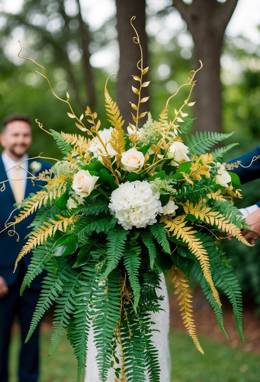 Golden vines intertwine with lush green ferns in a cascading wedding bouquet