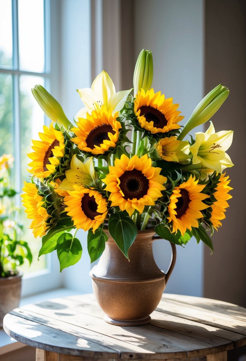 A vibrant bouquet of sunflowers and amaryllis, arranged in a rustic vase on a wooden table, with sunlight streaming in through a nearby window