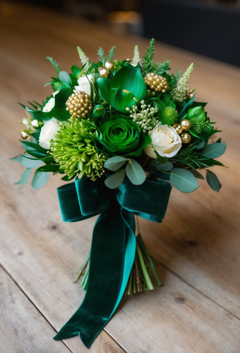 Emerald velvet ribbon wraps around lush green and gold wedding bouquet