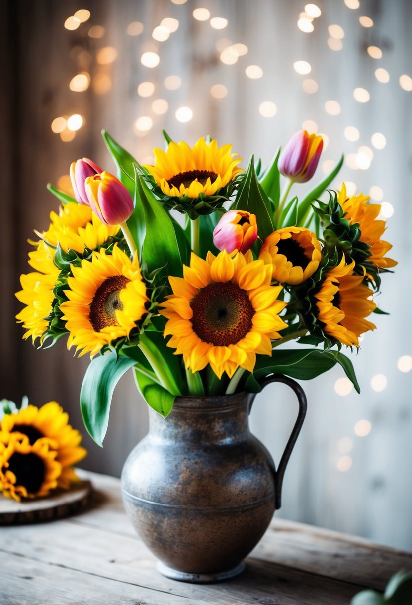 A vibrant bouquet of sunflowers and tulips arranged in a rustic vase