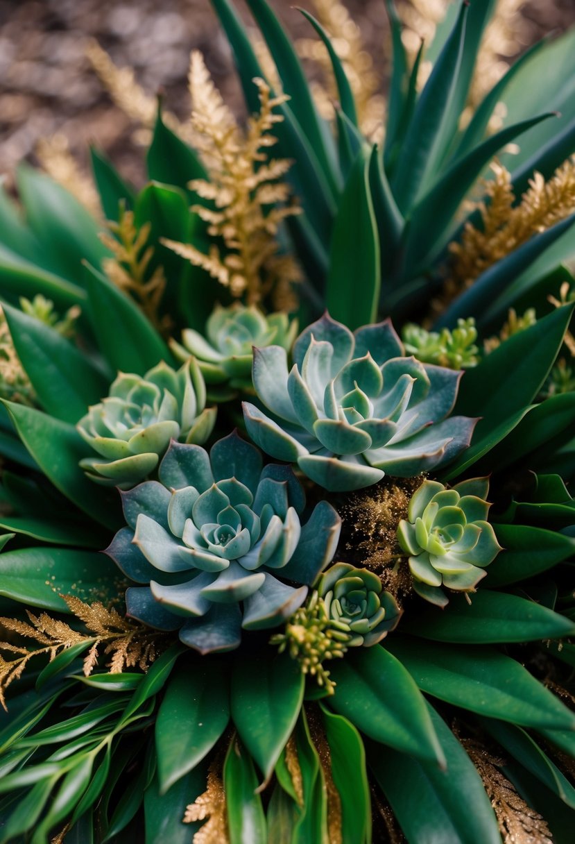 A lush bouquet of deep green succulents with hints of gold dust, nestled among delicate green and gold foliage