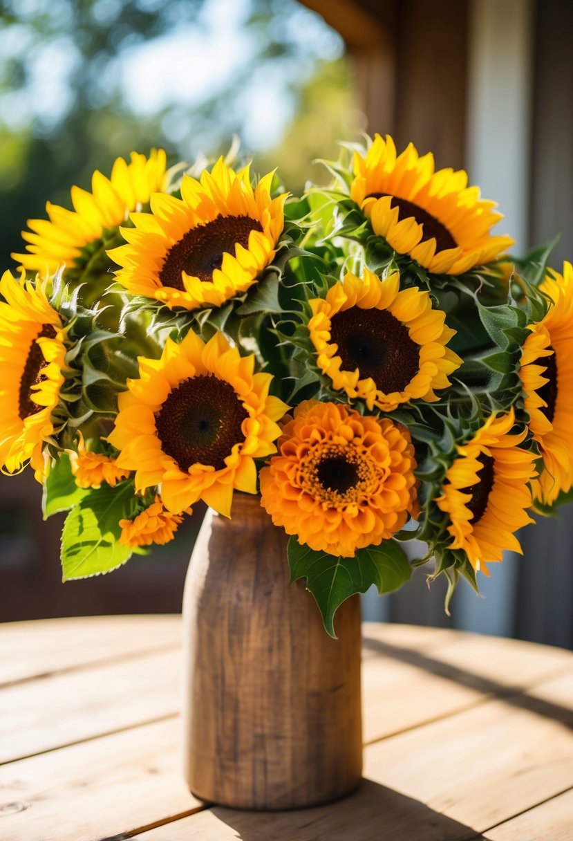 A vibrant bouquet of sunflowers and marigolds arranged in a rustic, wooden vase on a sunlit table