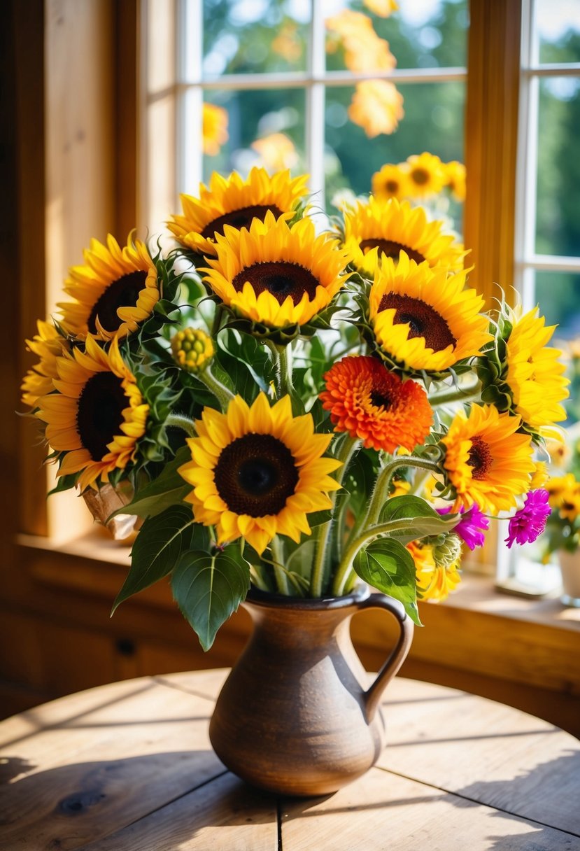 A vibrant bouquet of sunflowers and zinnias, arranged in a rustic vase on a wooden table. Sunshine streams through a nearby window, casting warm, golden light on the flowers