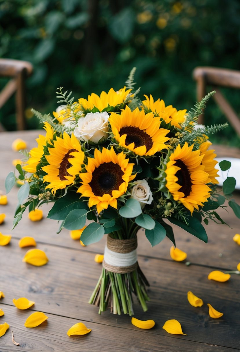 A rustic sunflower wedding bouquet with earthy accents sits on a wooden table, surrounded by scattered petals and green foliage