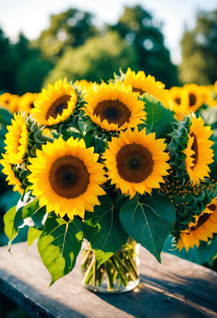 A vibrant bouquet of sunflowers and greenery, radiating happiness and warmth