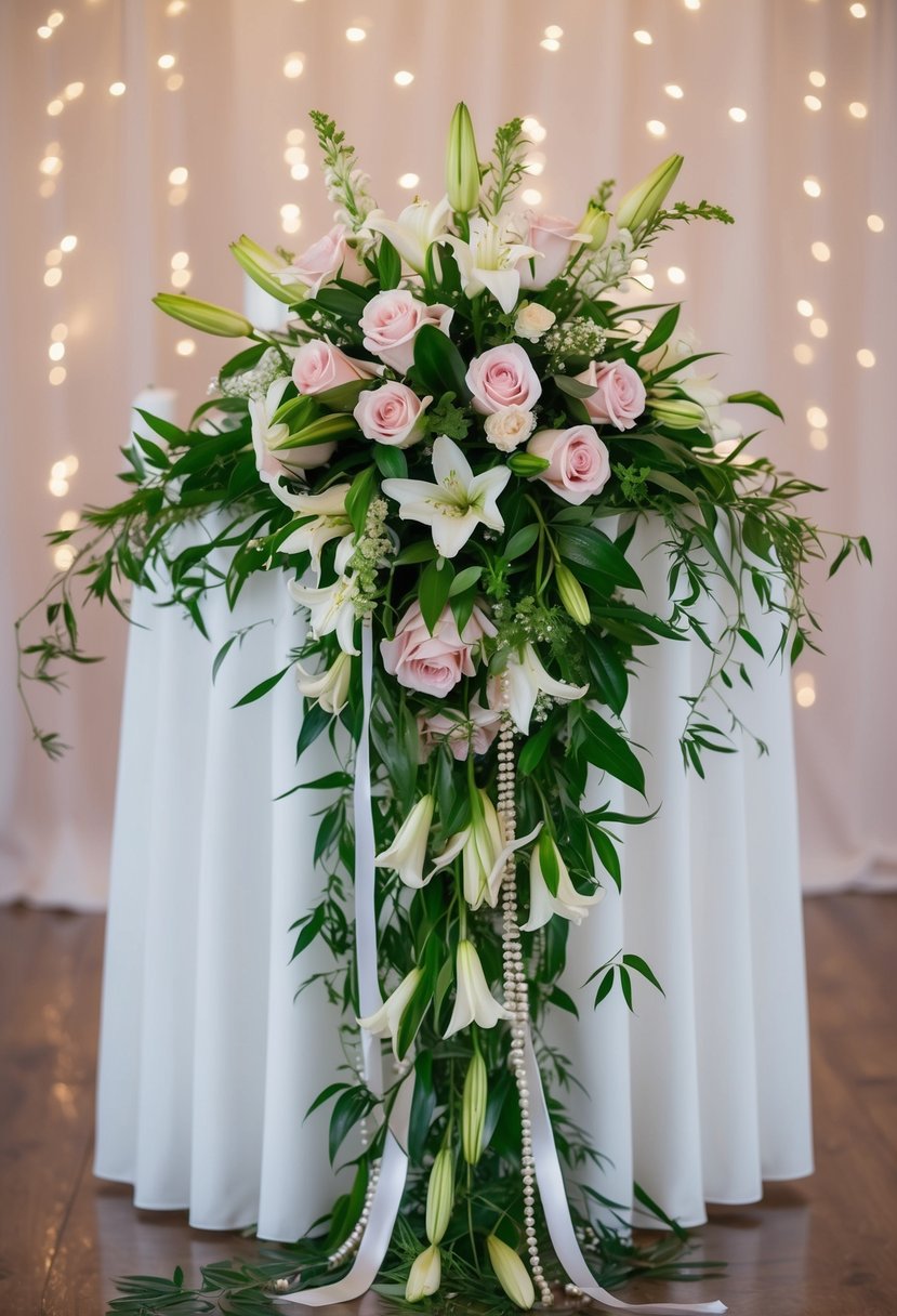 A cascading bouquet of roses, lilies, and greenery spills over a table, accented with trailing ribbons and delicate pearls