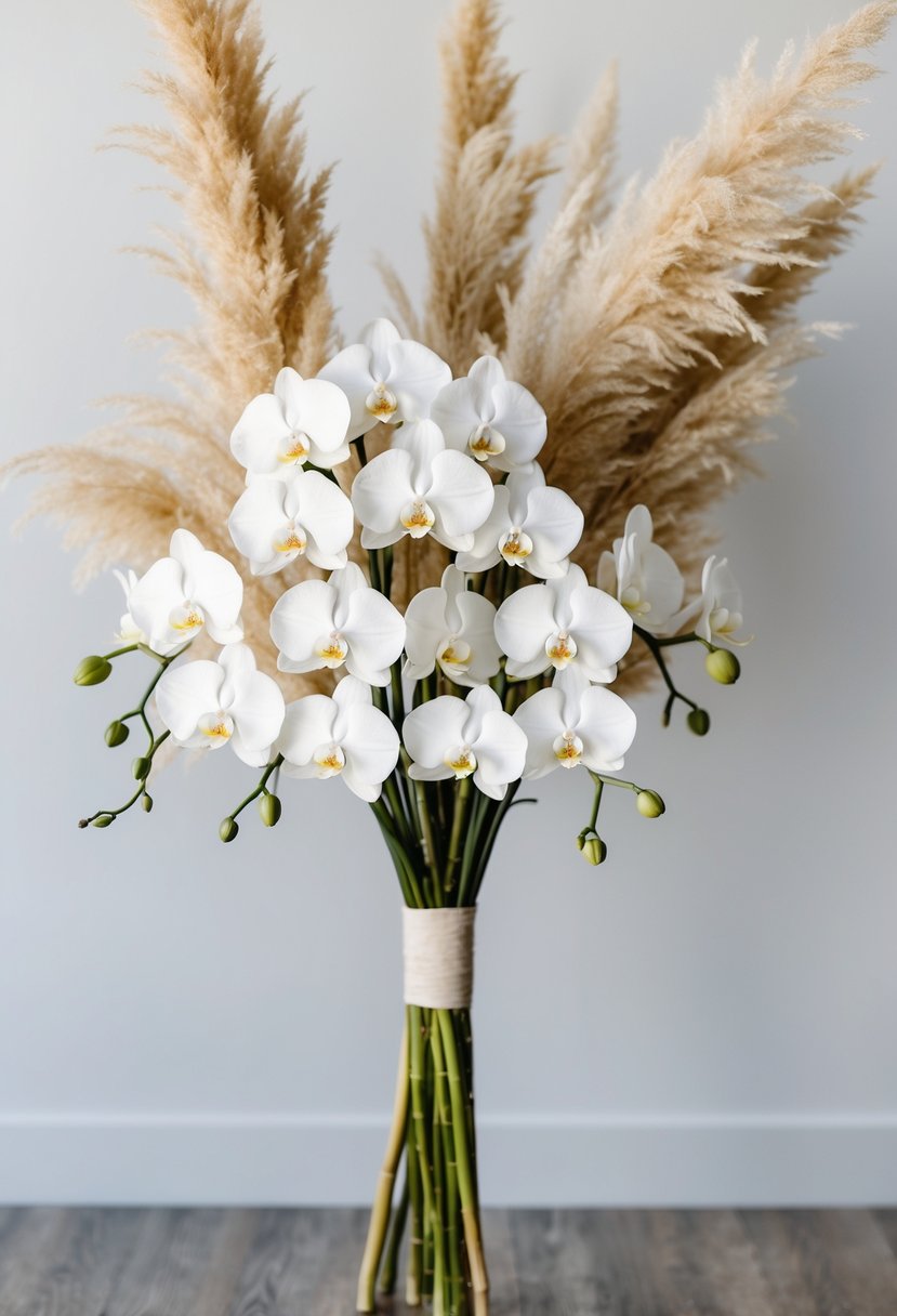 A long wedding bouquet featuring white orchids and pampas grass, exuding elegance and sophistication