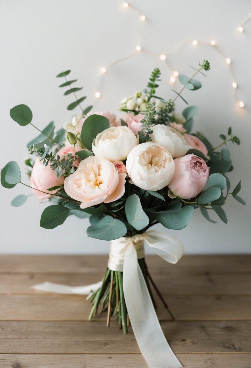 A soft, pastel bouquet of roses, peonies, and eucalyptus, tied with a delicate ribbon