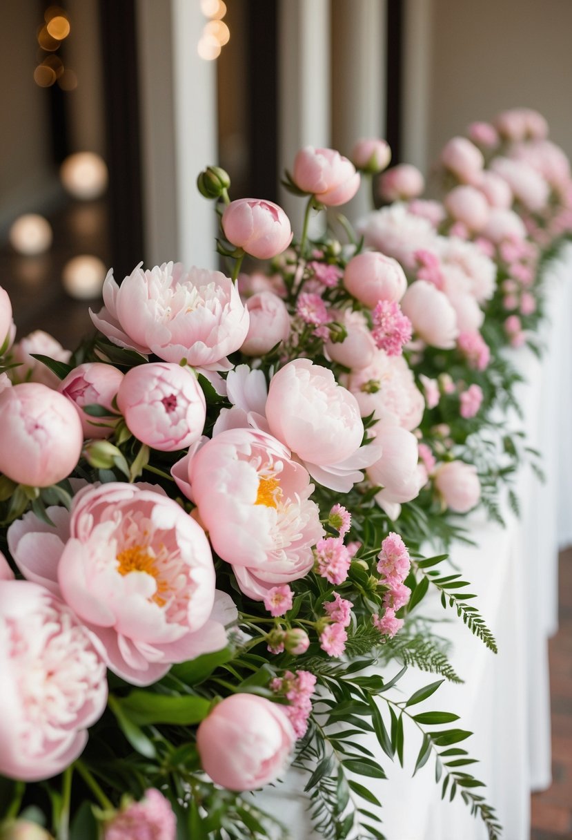 A lush bouquet of blush peonies and small pink blooms, cascading gracefully in a long, elegant arrangement