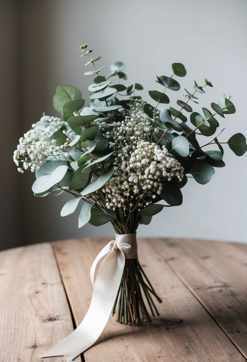 A simple bouquet of eucalyptus and baby's breath in a neutral color palette, tied with a silk ribbon, sits on a rustic wooden table