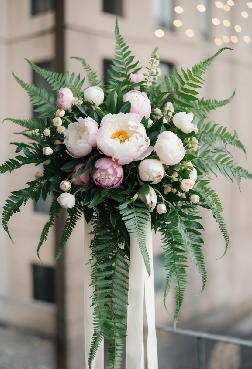 A cascading bouquet of peonies and ferns, elegantly flowing downwards