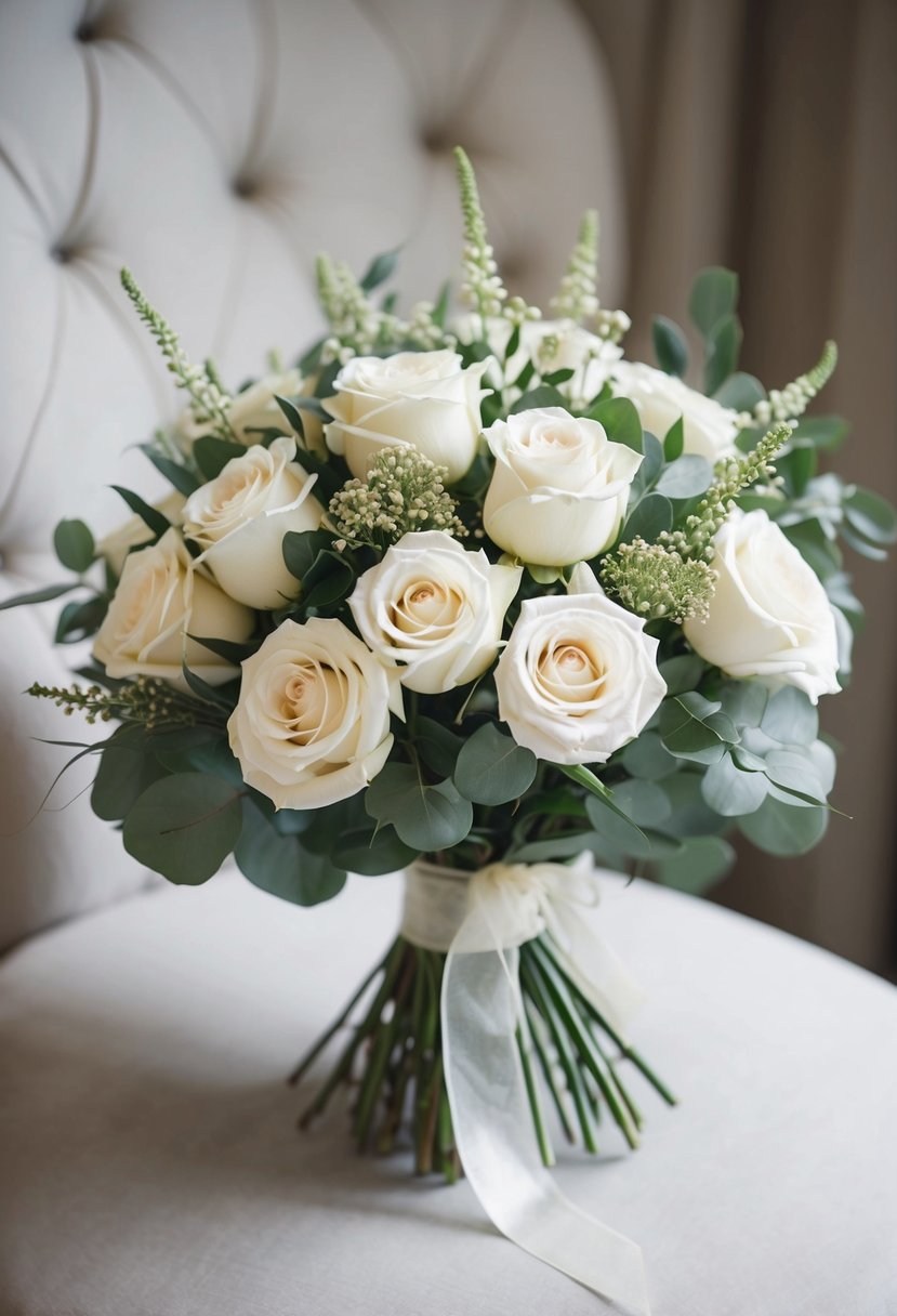 An elegant bouquet of ivory roses and soft greenery, tied with a delicate ribbon