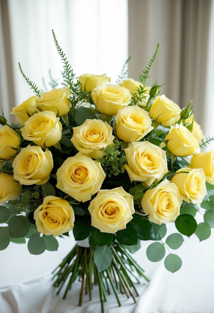 A lush bouquet of yellow roses, accented with delicate greenery, sits on a white tablecloth