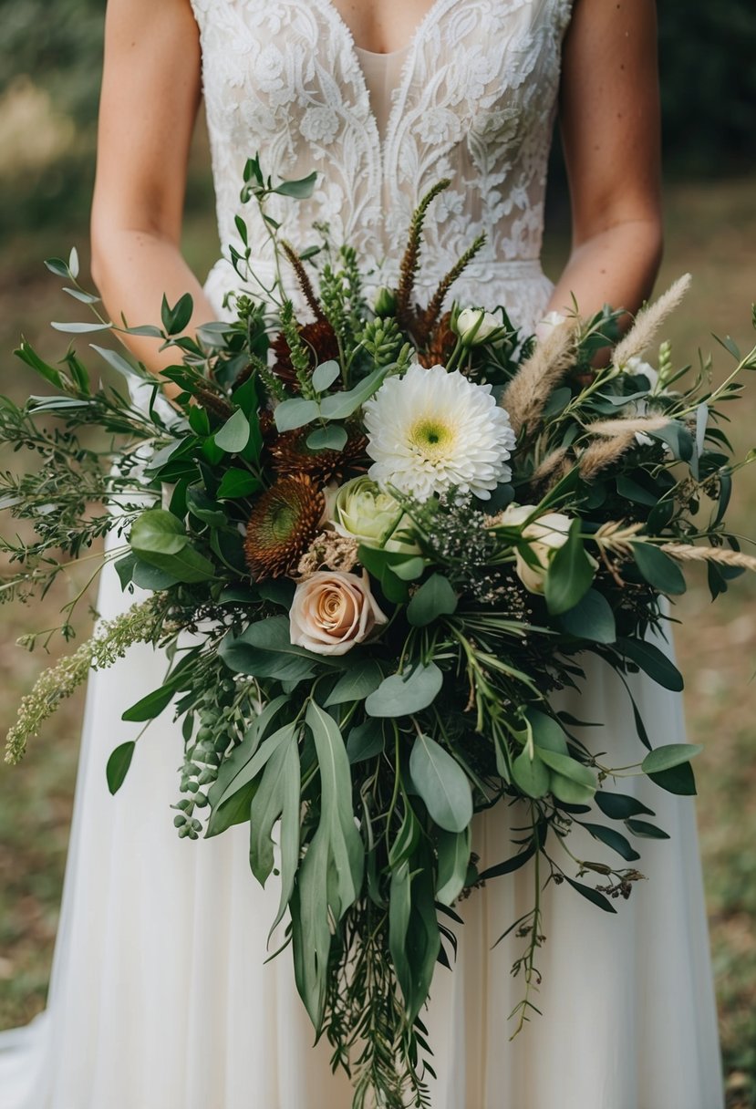 A long, flowing wedding bouquet bursting with rustic mixed greenery and fresh flowers