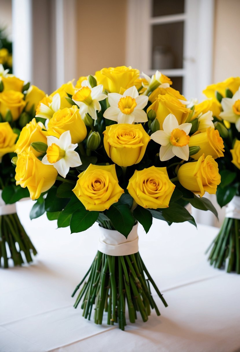 A vibrant bouquet of yellow roses and daffodils, arranged in a cheerful and elegant wedding display