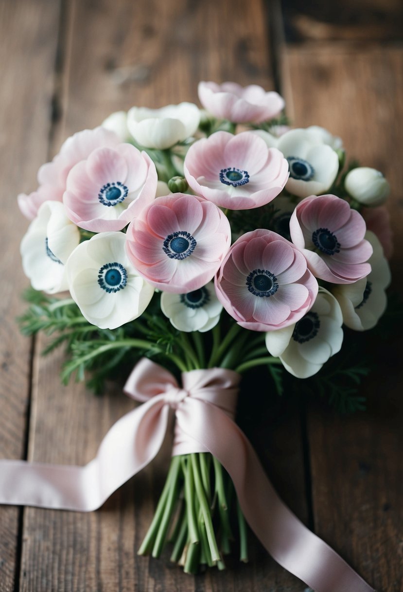 A delicate bouquet of blush pink and white anemones, tied with a silk ribbon, rests on a rustic wooden table