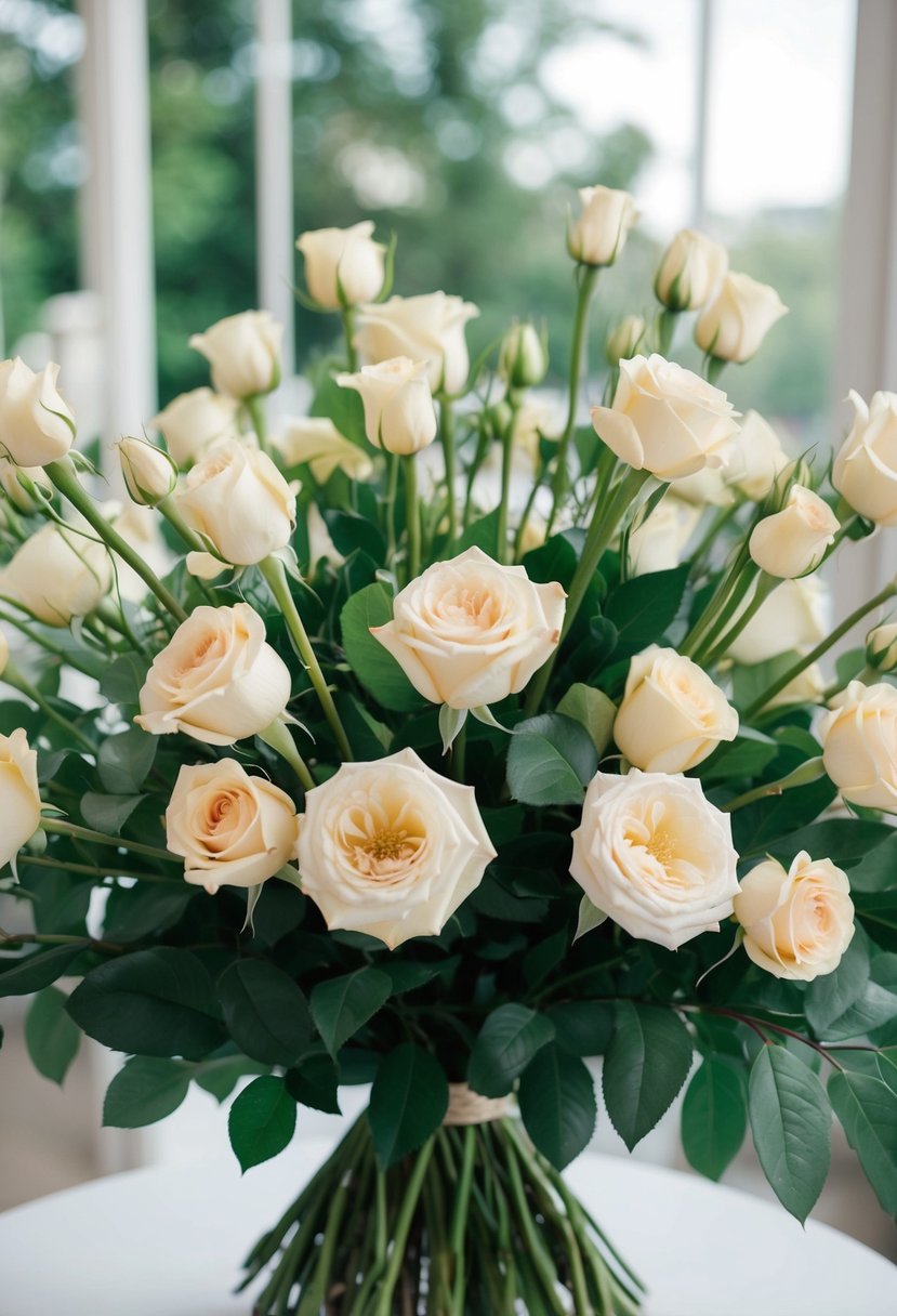 A lush bouquet of long-stemmed roses arranged in an elegant and flowing manner, perfect for a wedding celebration