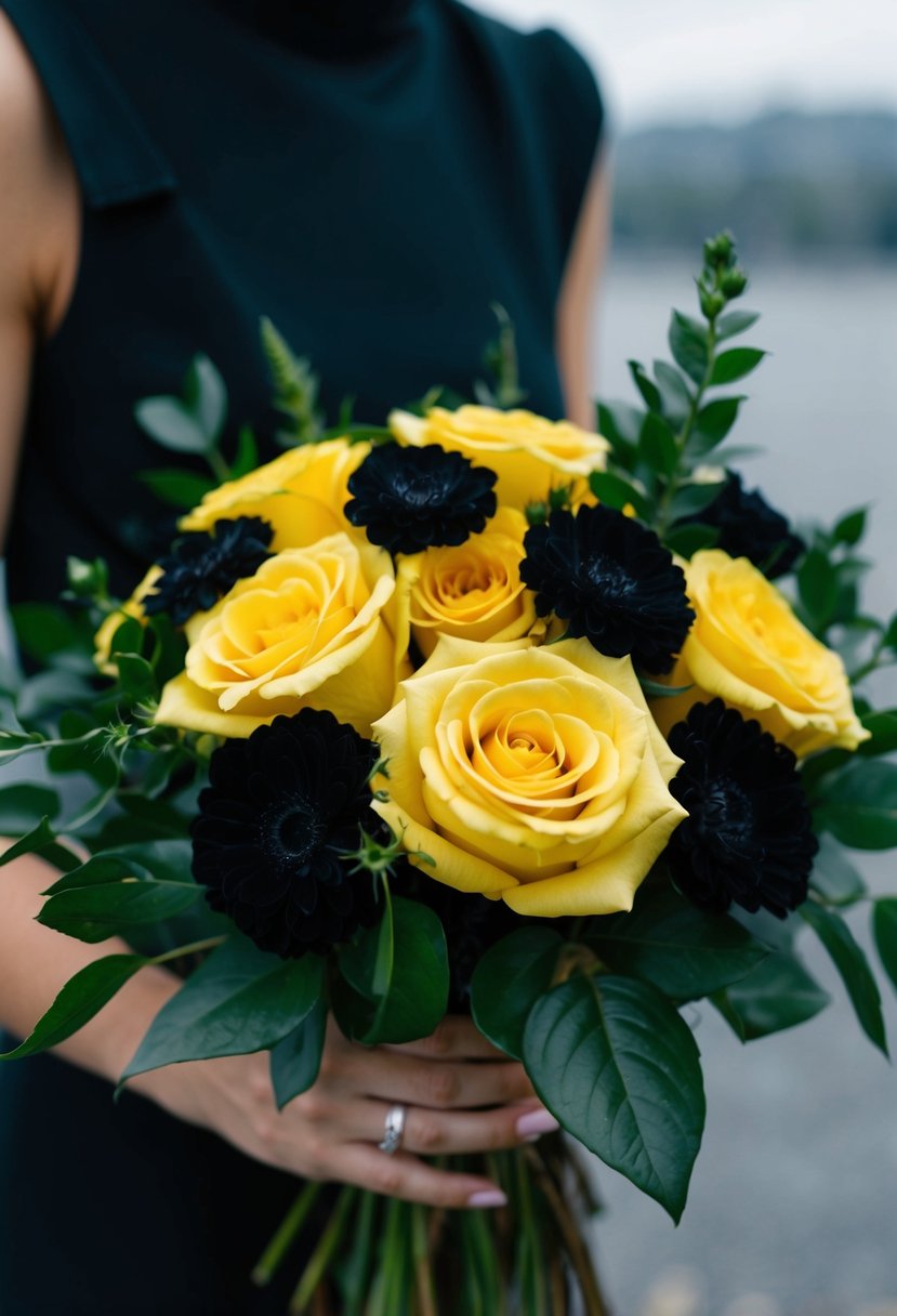 A moody bouquet featuring yellow roses and black blooms, perfect for a unique wedding bouquet