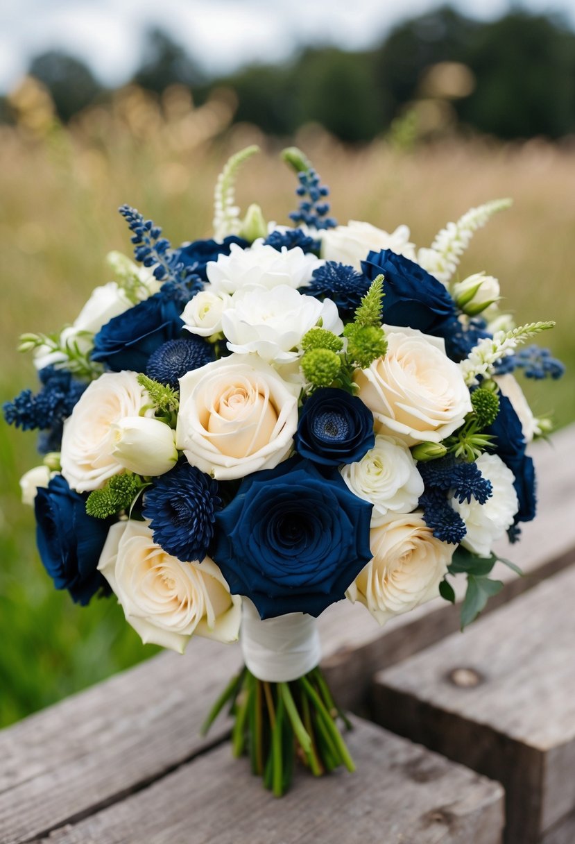 A bouquet of navy and cream flowers arranged in a mixed, neutral wedding bouquet