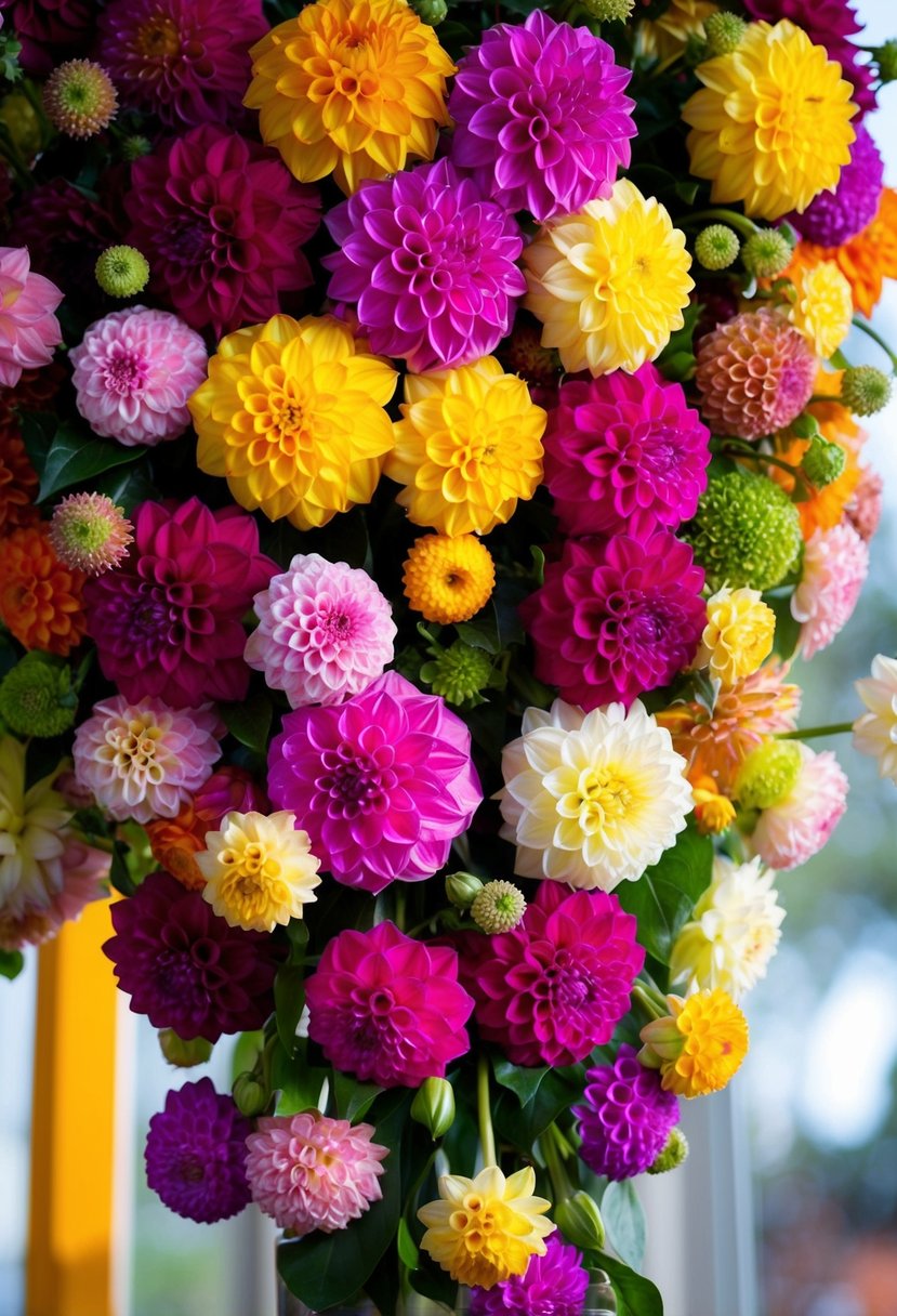 Lush, vibrant dahlias in a variety of colors and sizes, arranged in a cascading bouquet