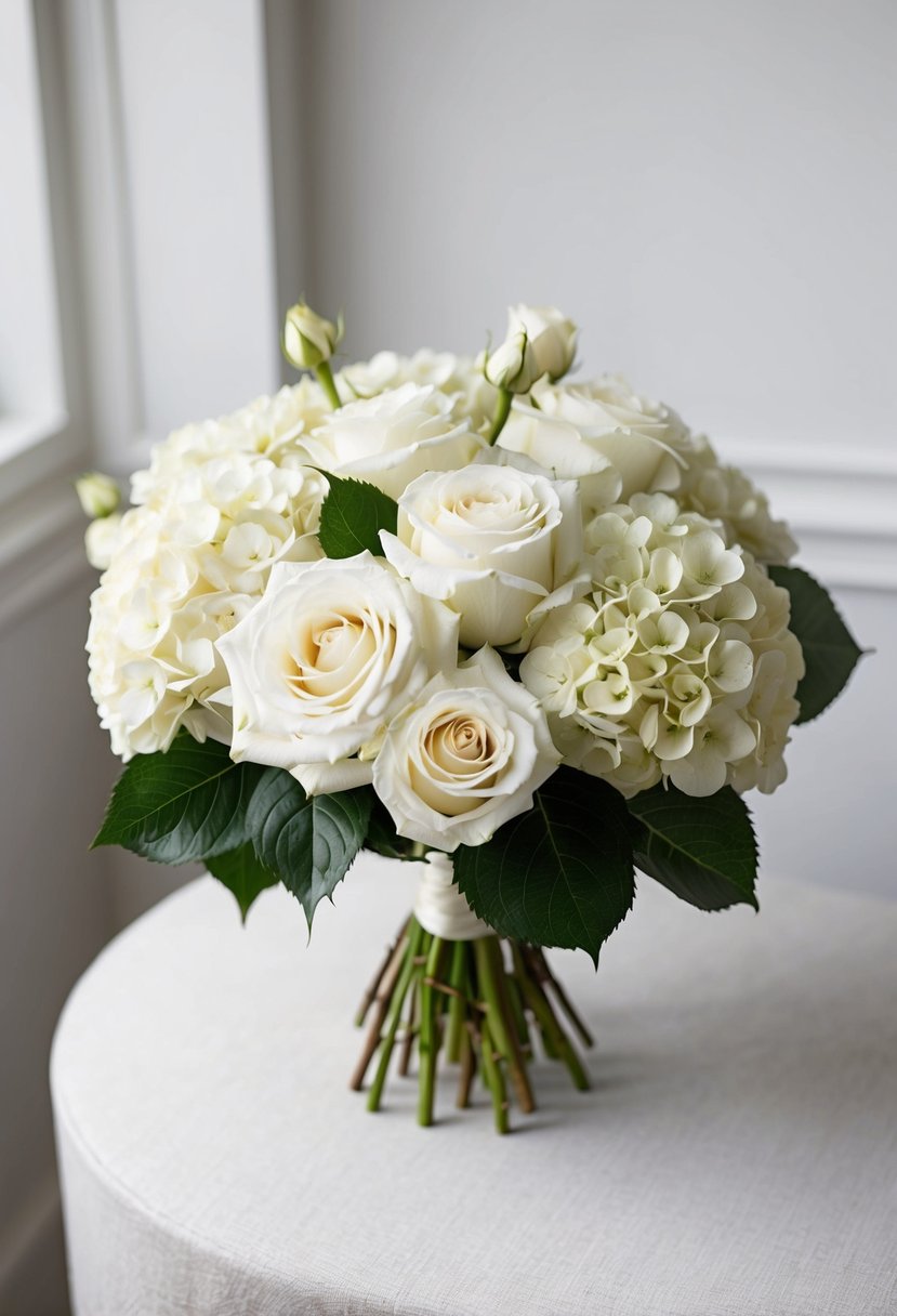 A bouquet of white roses and hydrangeas arranged in a classic, neutral style