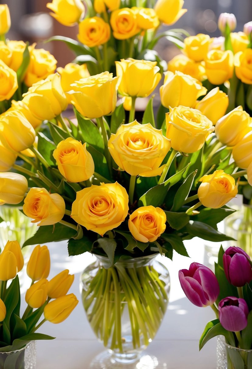 A bouquet of yellow roses and golden tulips arranged in a sunny, vibrant display