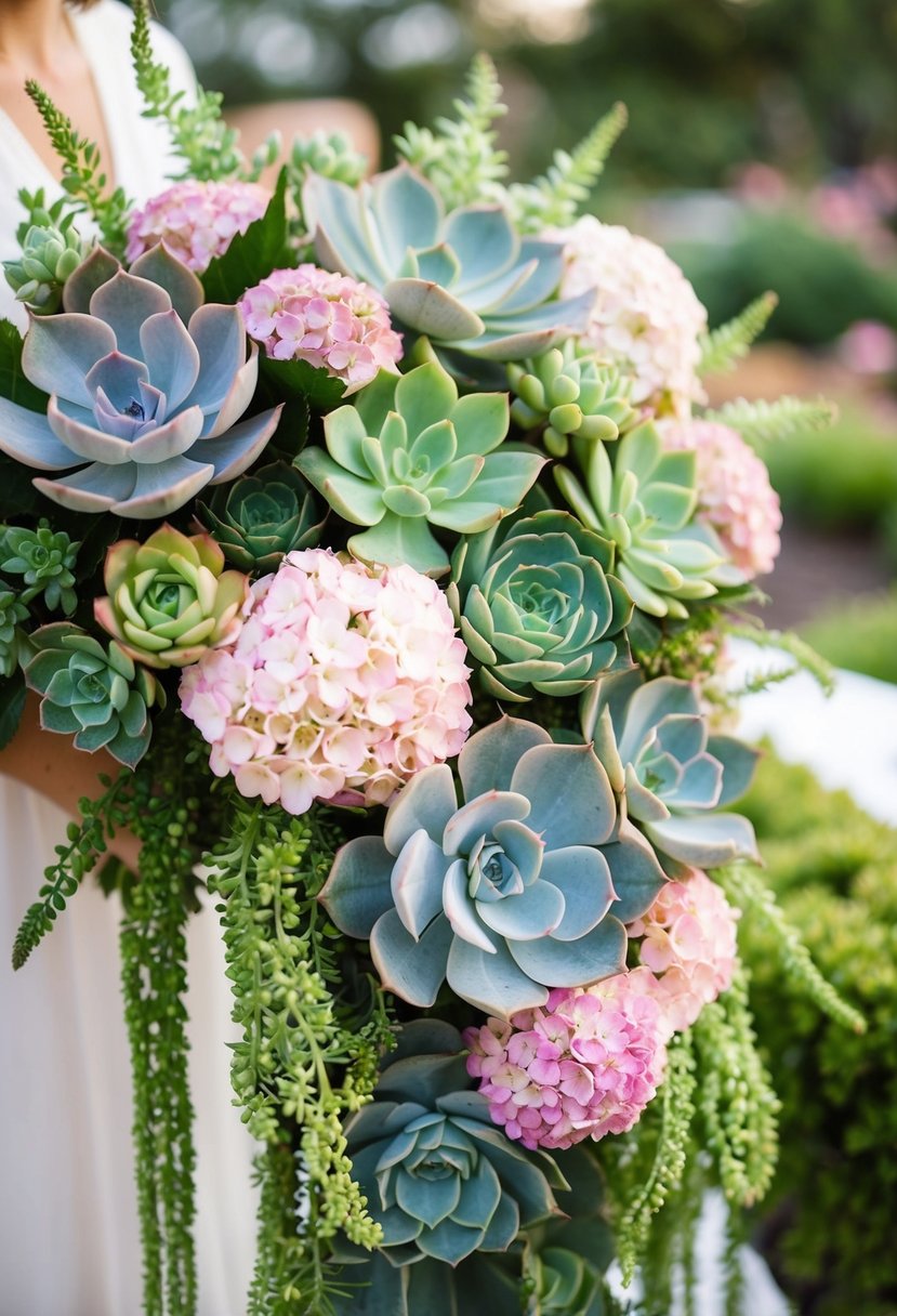 A lush, cascading bouquet of succulents and pastel hydrangeas