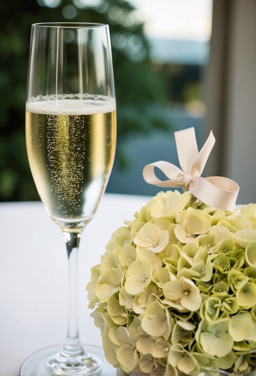 A crystal champagne glass sits beside a delicate bouquet of pale hydrangeas, tied with a neutral-colored ribbon