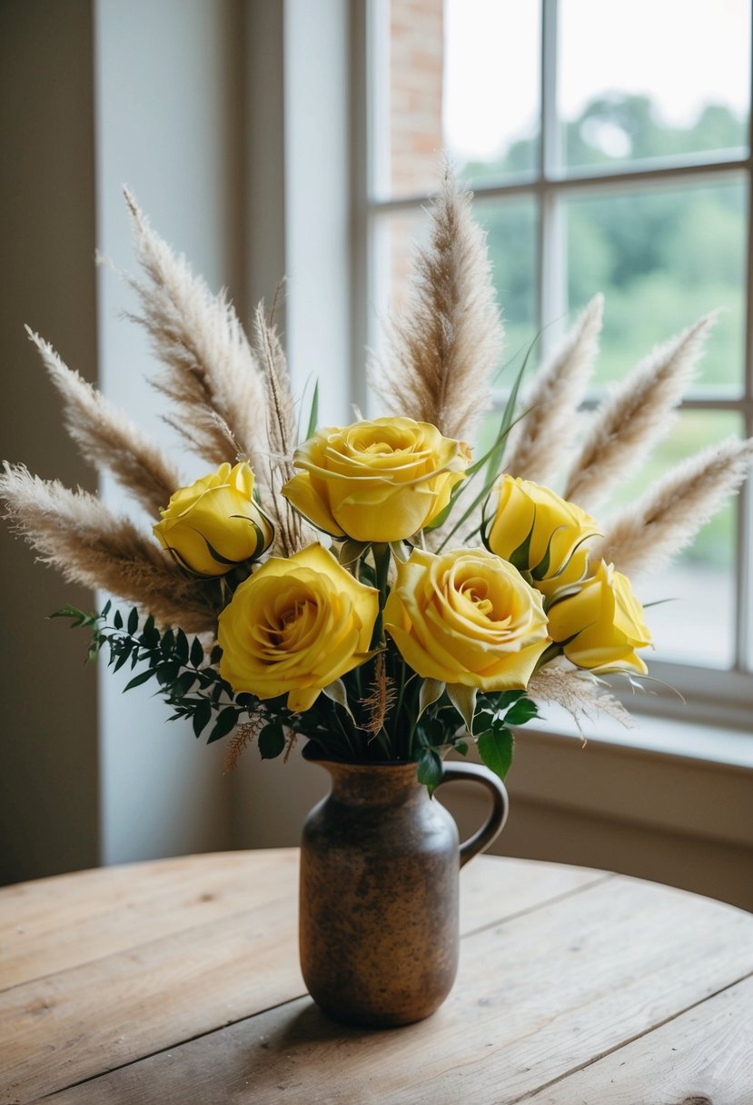 A boho yellow rose bouquet with pampas grass, arranged in a rustic vase on a wooden table, with soft natural lighting filtering through a nearby window