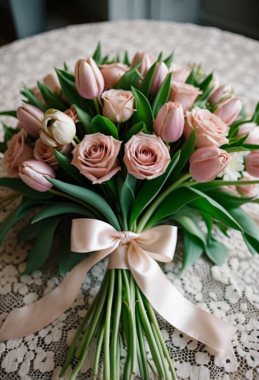 A cascading bouquet of blush roses and metallic tulips, tied with a satin ribbon, rests on a vintage lace tablecloth