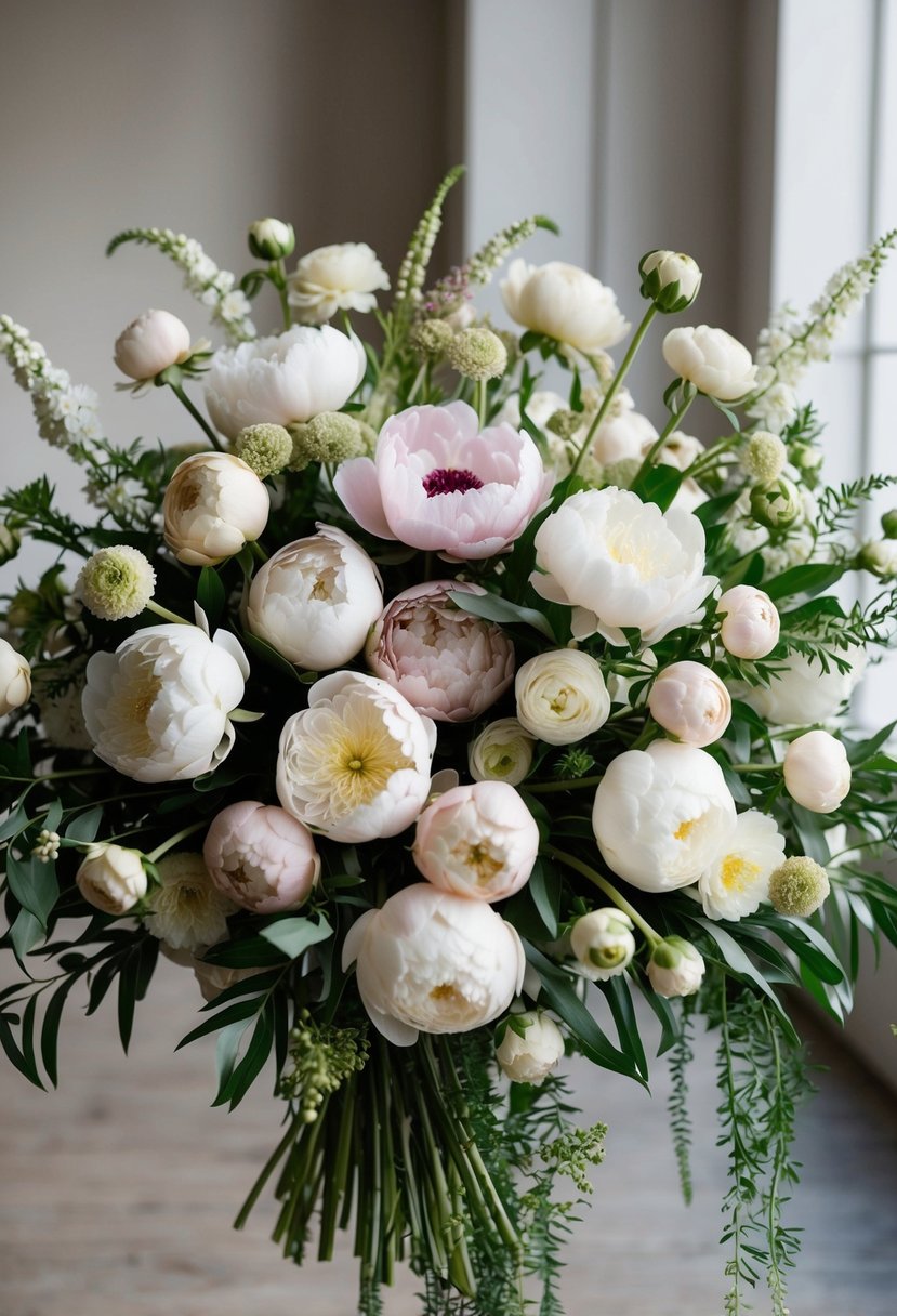 A lush bouquet of peonies and ranunculus in soft, neutral tones arranged in a harmonious, cascading display