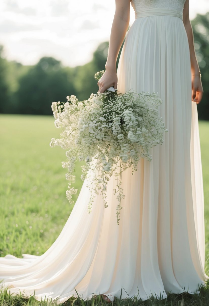 A flowing dress with a cascading bouquet of baby's breath