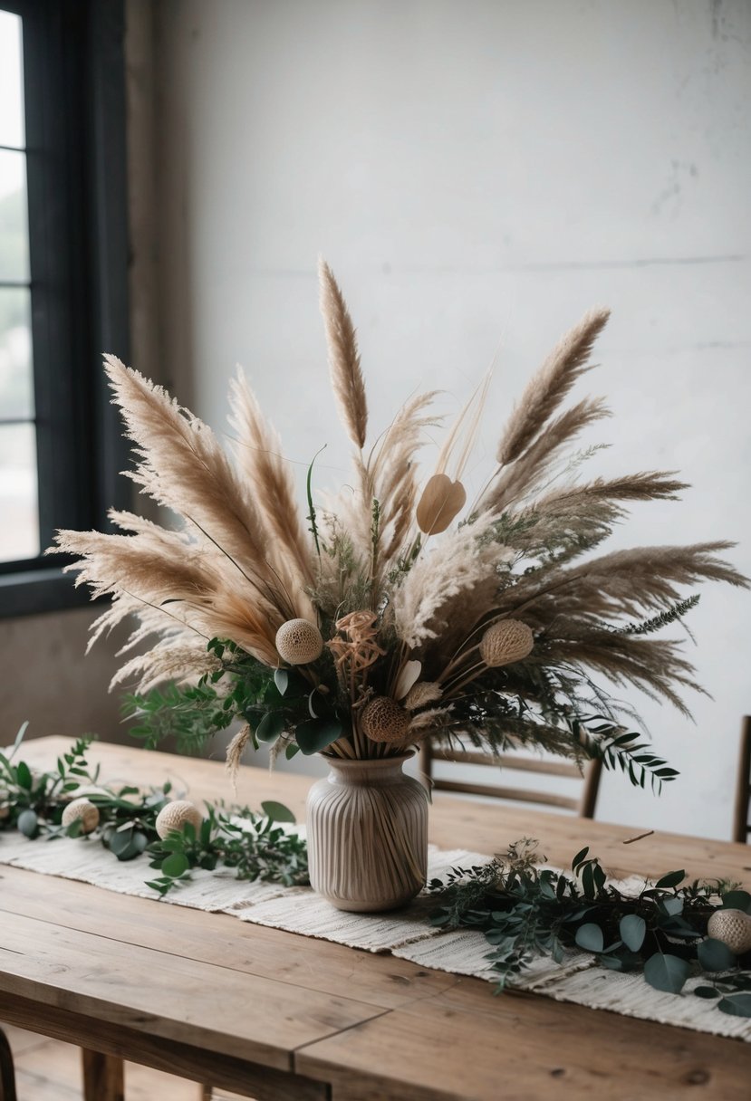 A rustic wooden table adorned with a lush, neutral-toned bouquet of pampas grass, dried flowers, and greenery