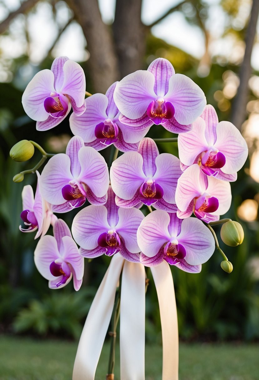 Lush, vibrant orchids tied with flowing silk ribbons, creating a romantic and elegant wedding bouquet