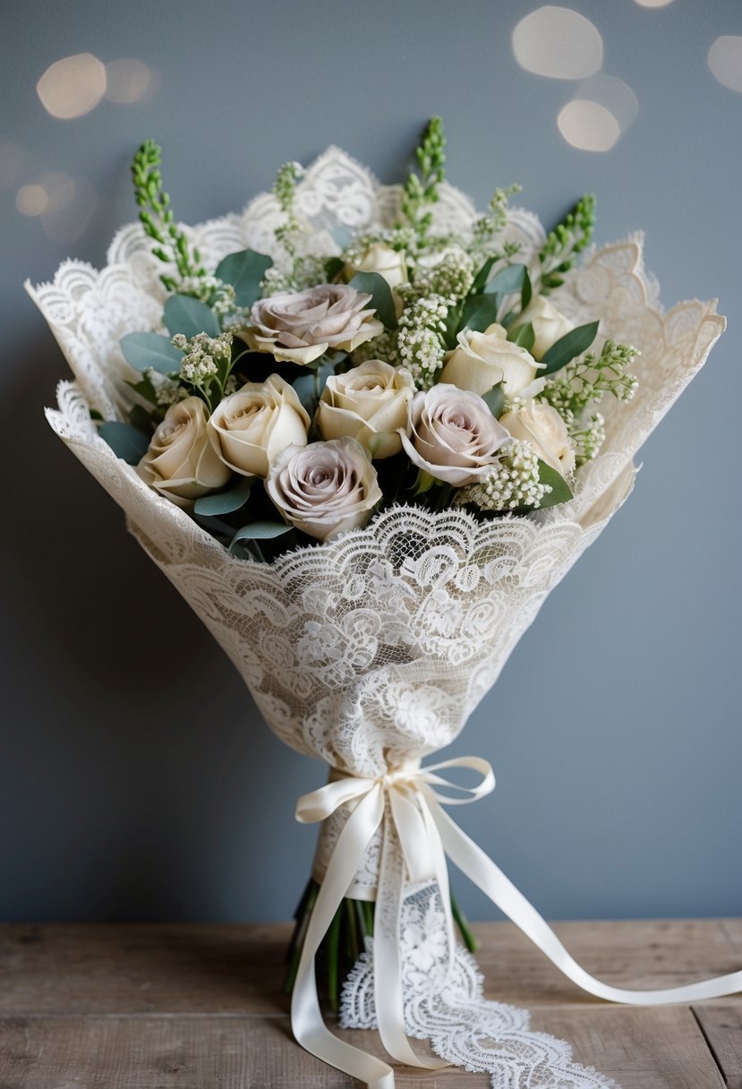 A lace-wrapped bouquet of neutral-toned flowers, accented with vintage-inspired lace and delicate ribbon