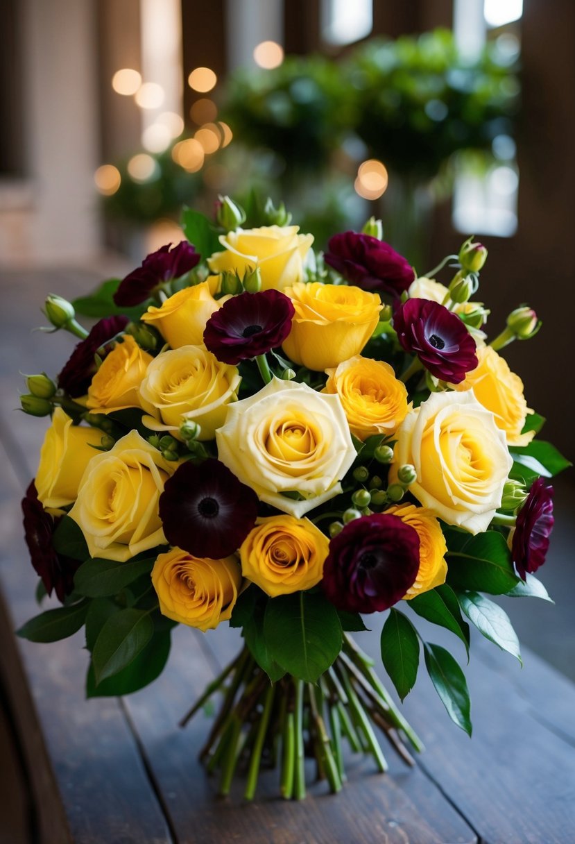 A lush bouquet of yellow roses and deep burgundy ranunculus, arranged in a cascading style