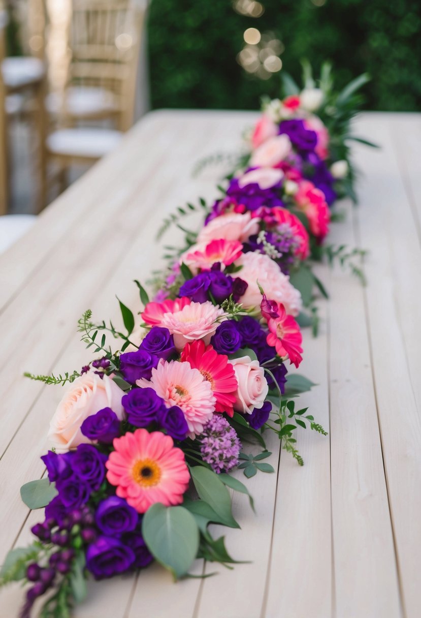 A long, vibrant wedding bouquet with pink and purple flowers trailing elegantly