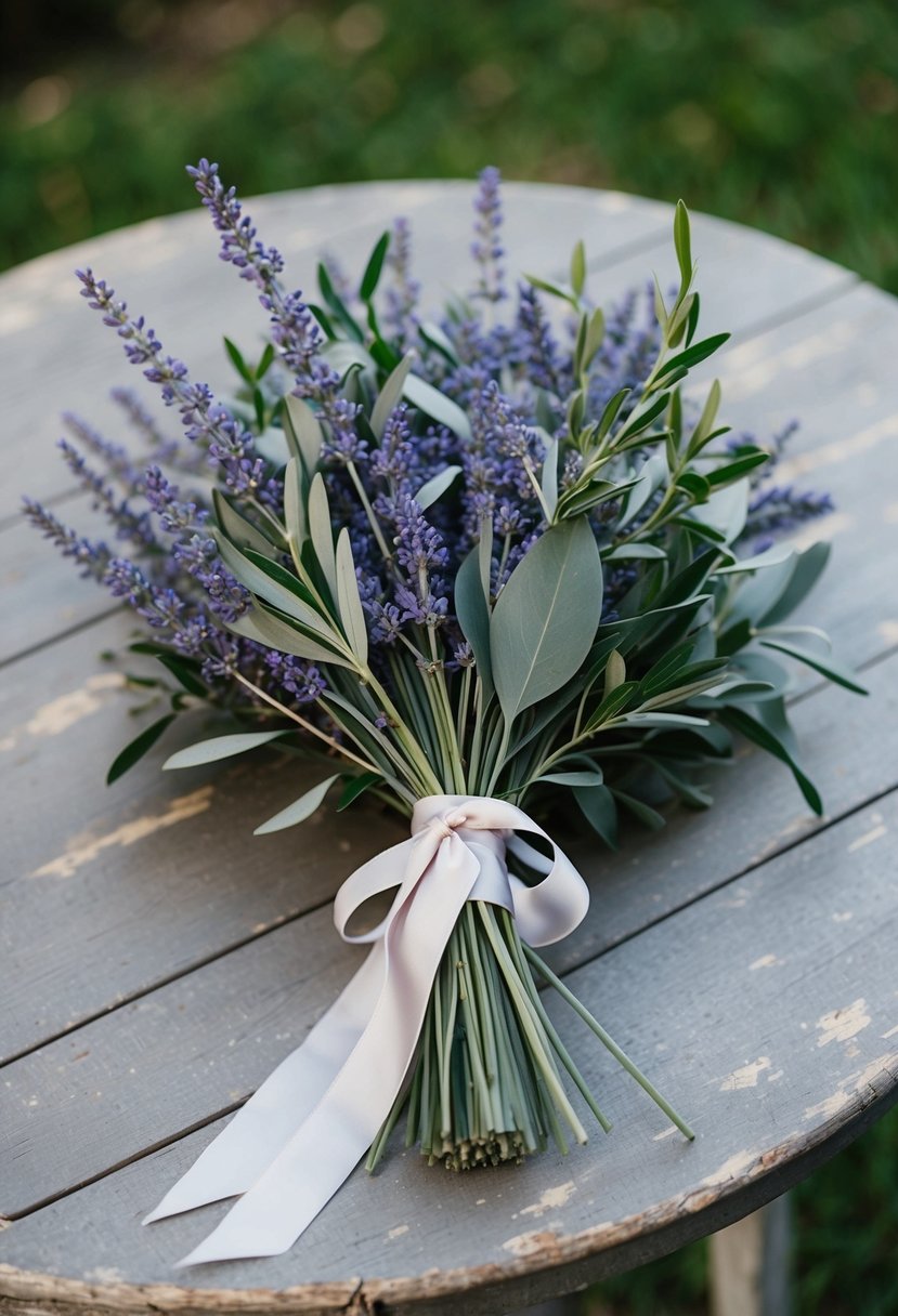 A bouquet of muted lavender and olive branch, tied with a delicate ribbon, rests on a weathered wooden table