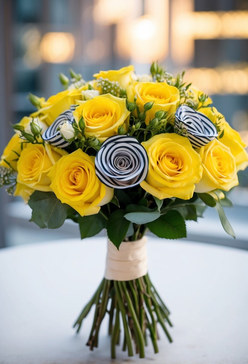 A modern bouquet featuring vibrant yellow Abracadabra roses and striped roses, creating a stunning wedding bouquet idea