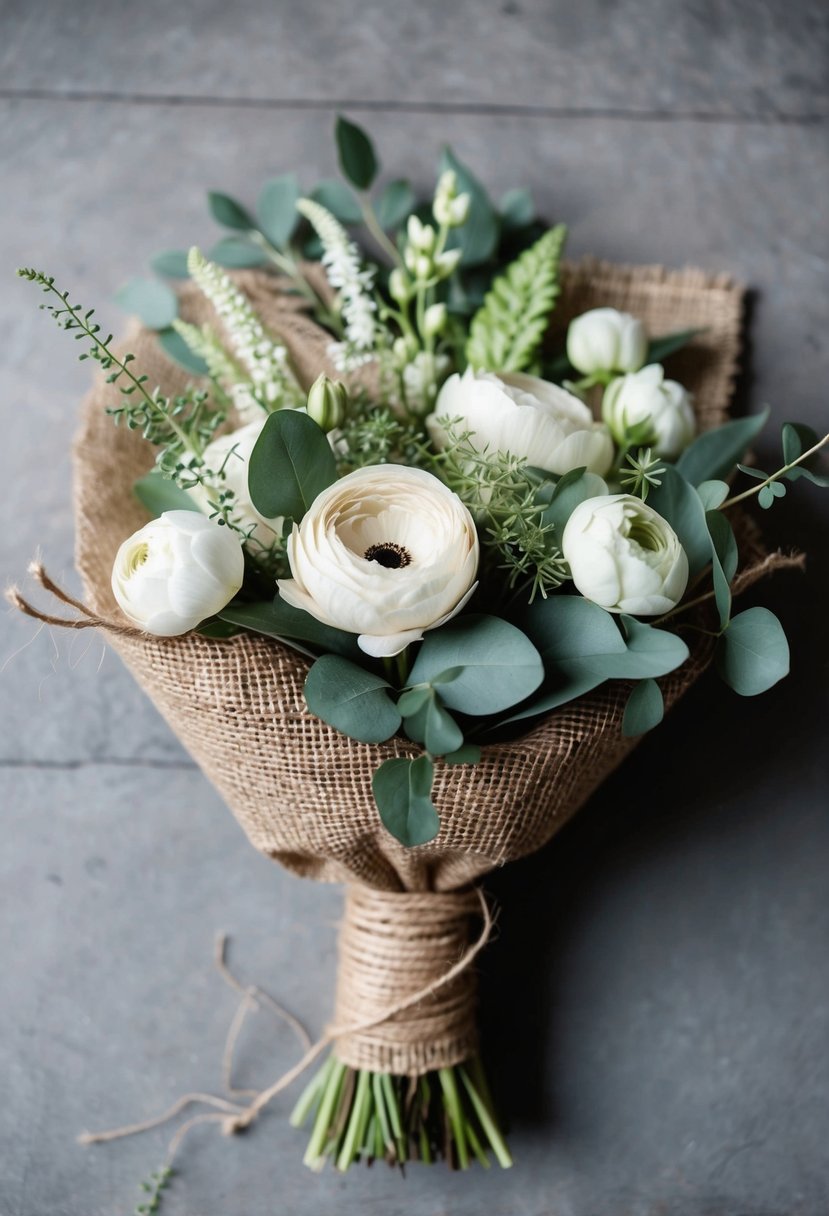 A bouquet of soft, neutral-toned flowers and greenery wrapped in rustic burlap and twine, with a natural and organic feel