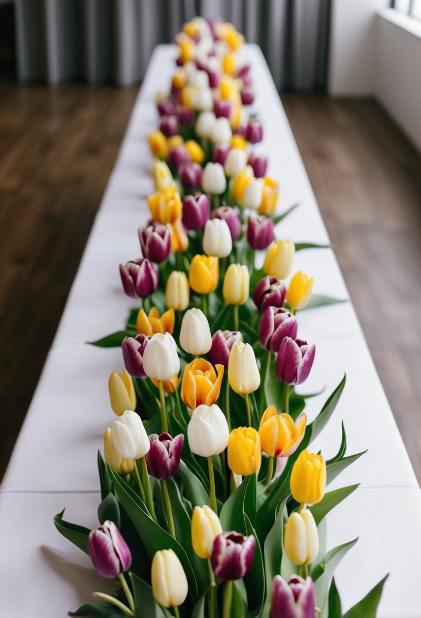 A long, minimalist wedding bouquet featuring an extravagant display of tulips in various colors and sizes