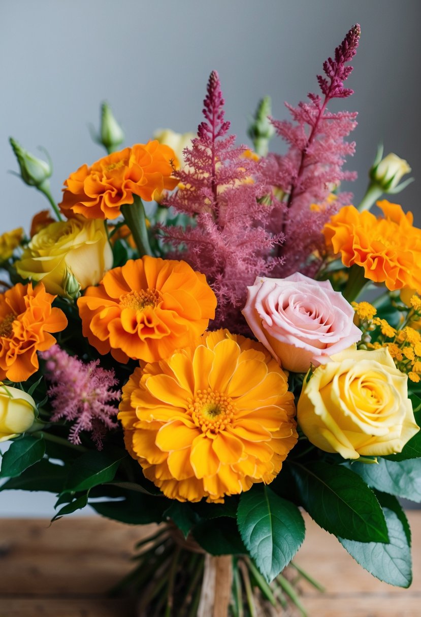 A vibrant bouquet of marigolds, blush astilbe, and yellow roses, arranged in a free-spirited, organic style