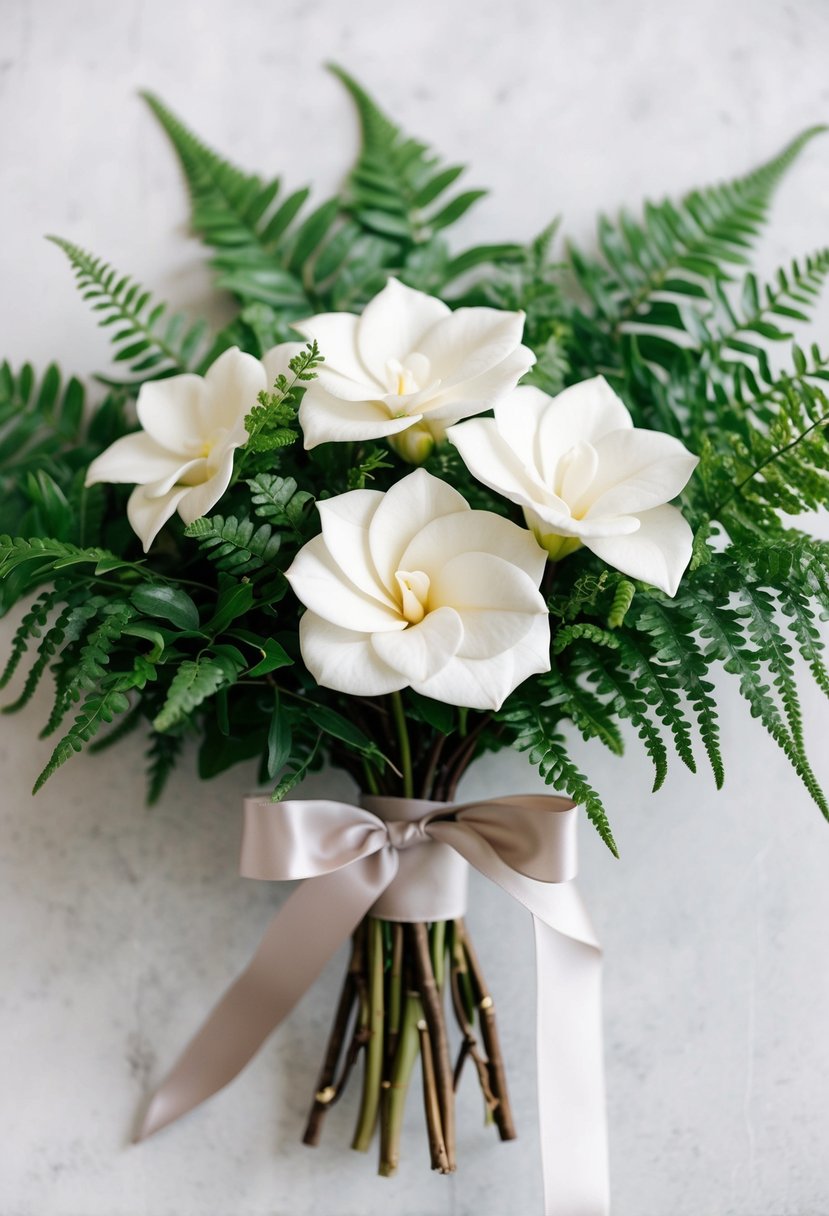 A simple, elegant bouquet featuring white gardenias and lush green ferns, tied together with a neutral-colored ribbon