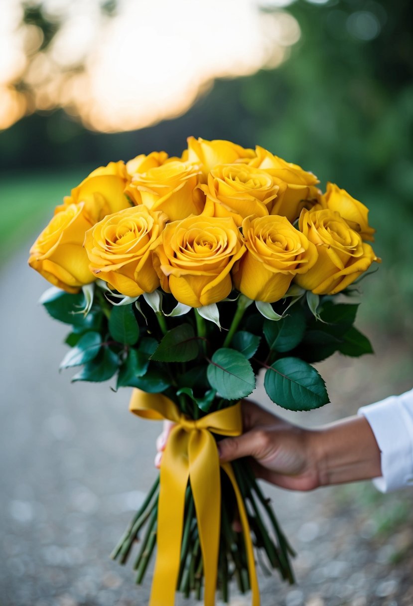 A rustic bouquet of yellow roses tied with mustard ribbons